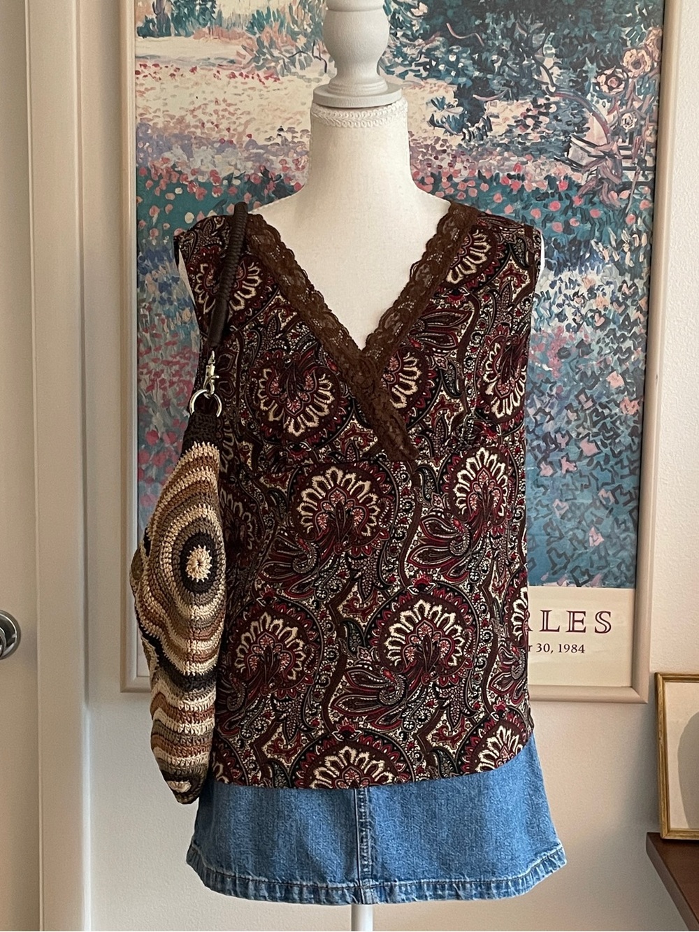 Vintage Y2K Lace Trim Tank Top Large Brown Paisley V-Neck Boho Festival Retro